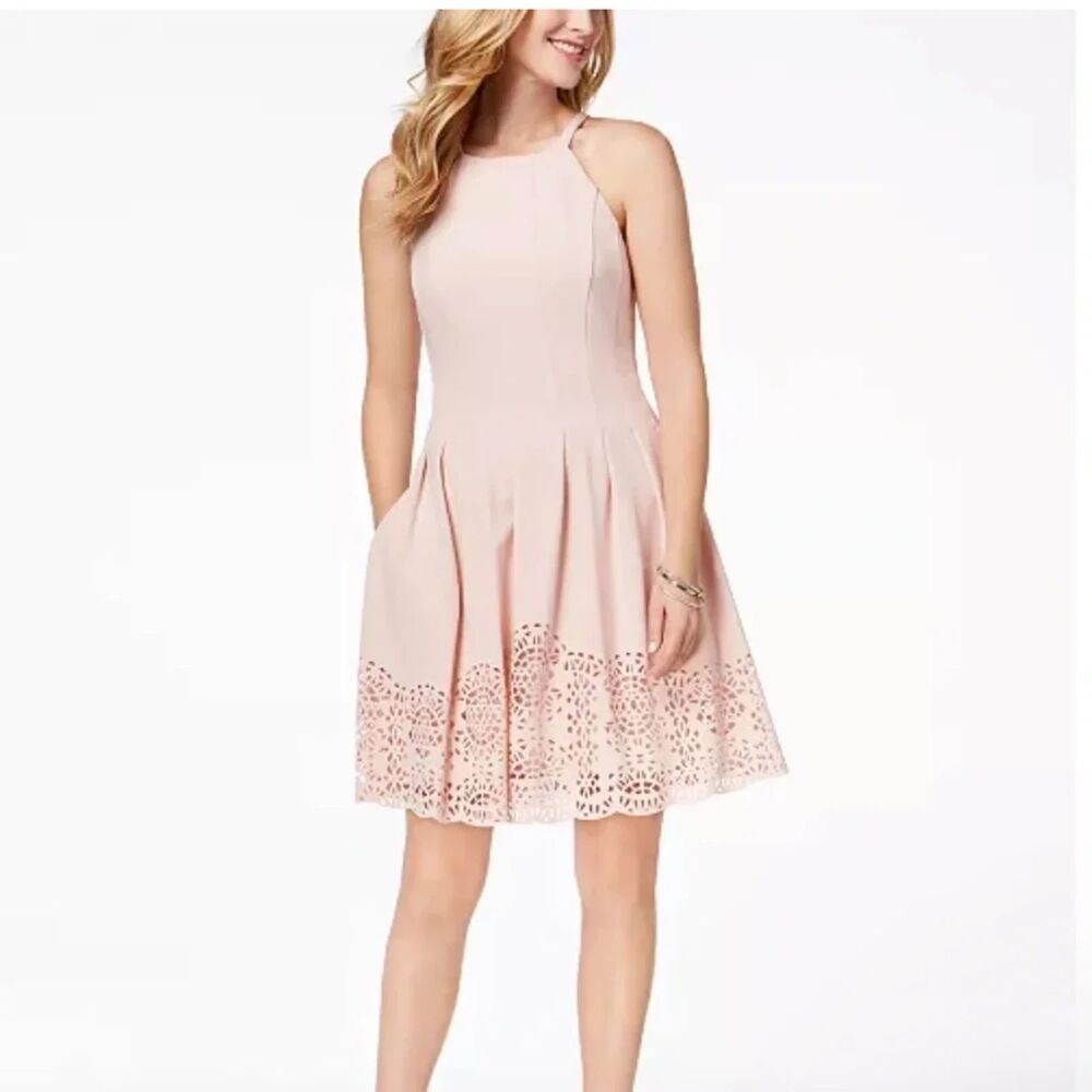 Vince Camuto Halter Fit Flare Dress Women's 10 Laser Cut Lace Hem Pleated
